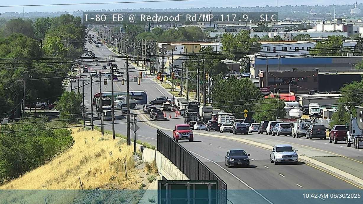 Traffic following a collision between a truck and cyclist on Redwood Road near 500 South in Salt Lake City on Monday.