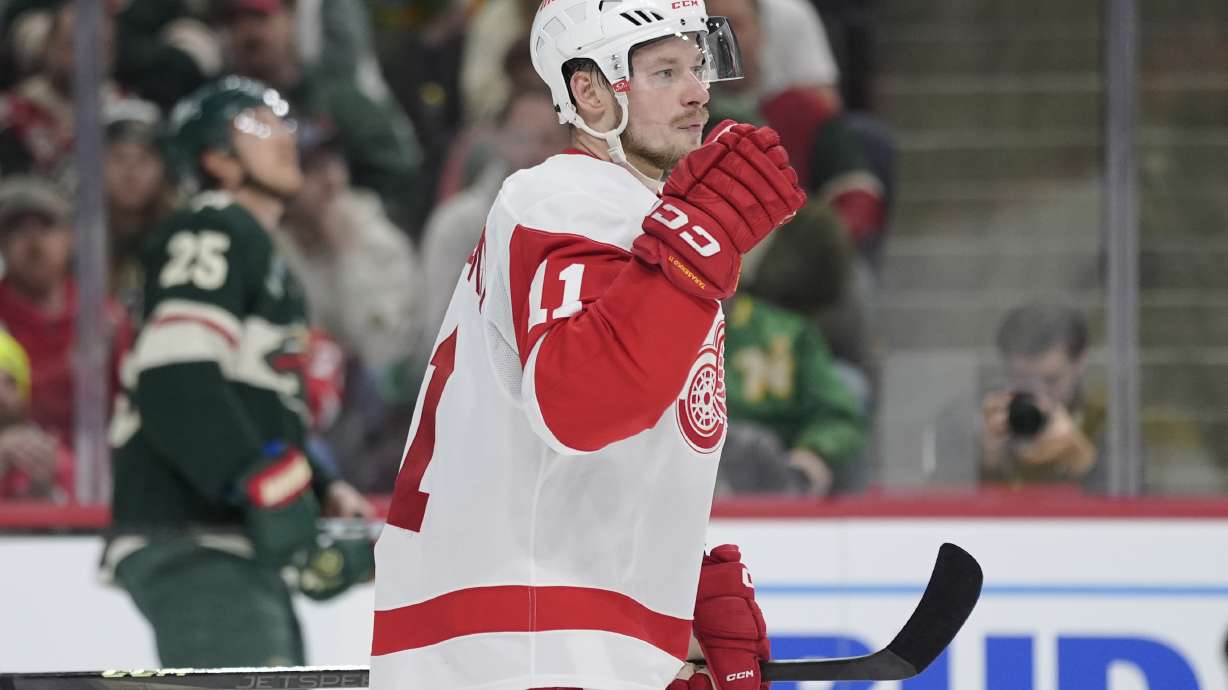FILE - Detroit Red Wings right wing Vladimir Tarasenko (11) celebrates after scoring a goal during the second period of an NHL hockey game against the Minnesota Wild,, Feb. 25, 2025, in St. Paul, Minn.