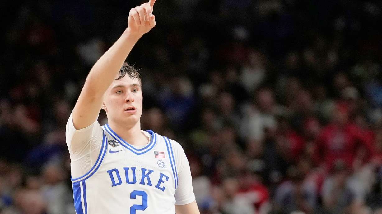 FILE - Duke forward Cooper Flagg celebrates after scoring against the Houston during the second half in the national semifinals at the Final Four of the NCAA college basketball tournament, Saturday, April 5, 2025, in San Antonio.