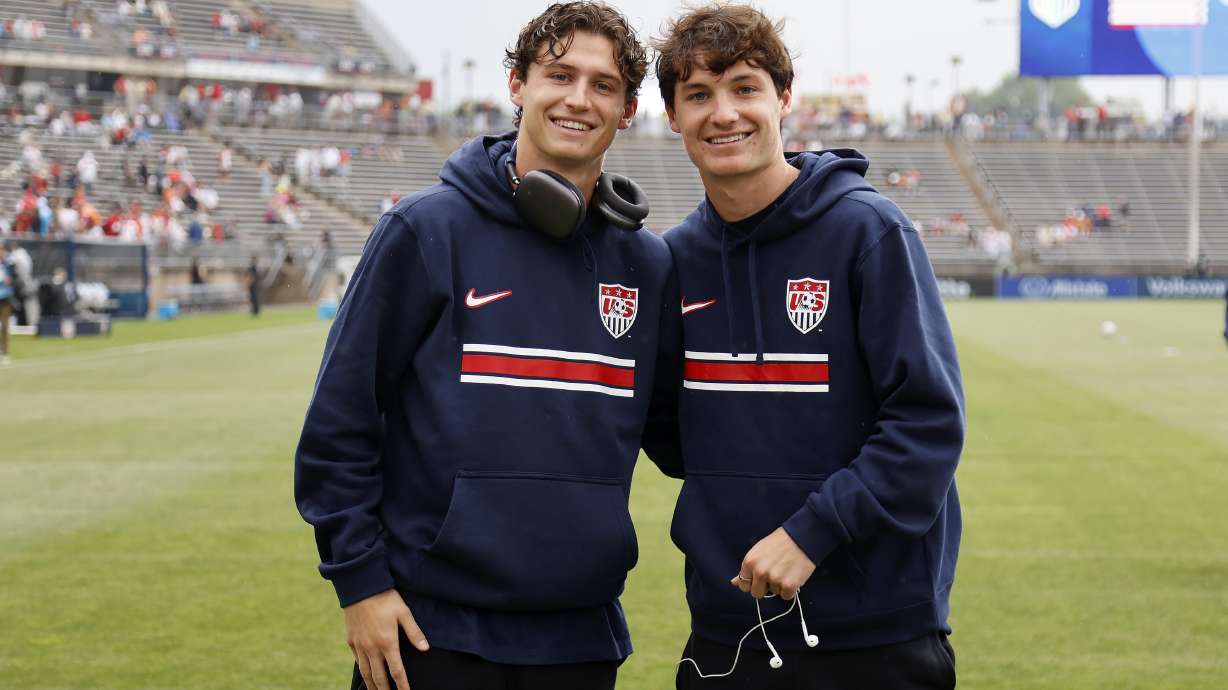 United States midfielder Brenden Aaronson, left, poses for a photo with his brother forward Paxten Aaronson before the start of an international friendly soccer game against Turkey, Saturday, June 7, 2025, in East Hartford, Conn.