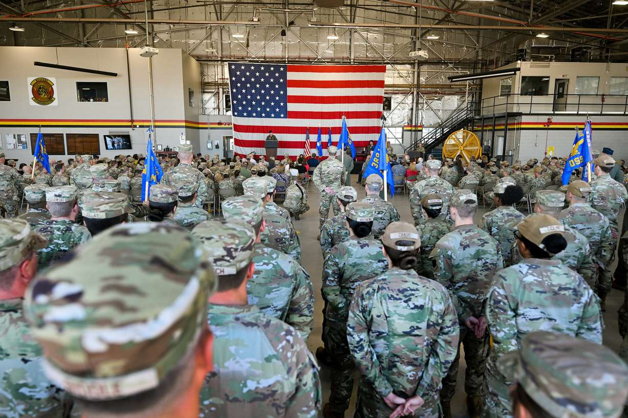 Members of the fighter wing gather in formation as Col. Charles Fallon assumes command of the 388th Fighter Wing during a ceremony at Hill Air Force Base in Ogden on Monday.