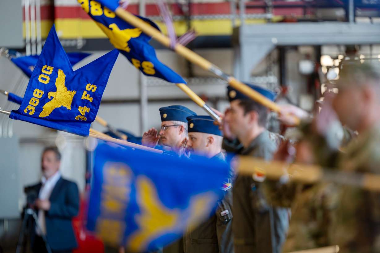 Members of the 388th salute Col. Charles Fallon for the first time as he assumes command of the 388th Fighter Wing during a ceremony at Hill Air Force Base in Ogden on Monday.