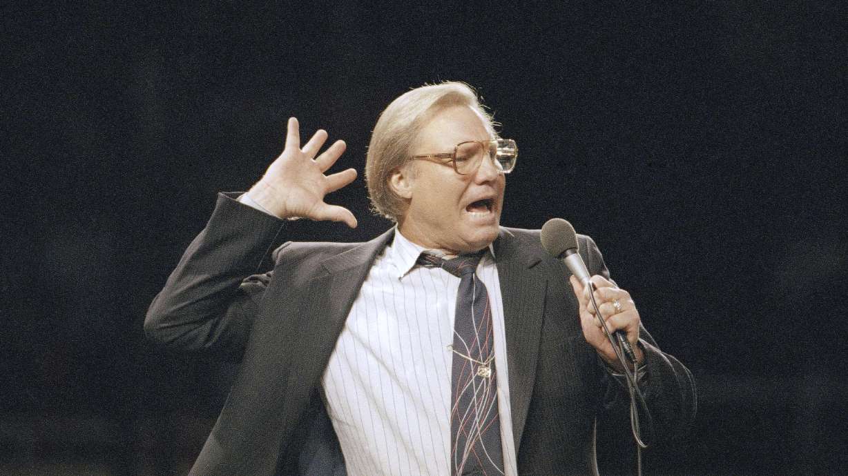 The Rev. Jimmy Swaggart preaches the Gospel to the nearly 14,000 faithful in Los Angeles, March 29, 1987. Swaggart has died. He was 90.