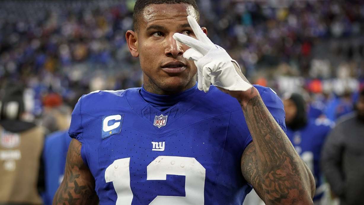 FILE - New York Giants tight end Darren Waller (12) gestures after an NFL football game against the Los Angeles Rams on Sunday, Dec. 31, 2023, in East Rutherford, N.J.
