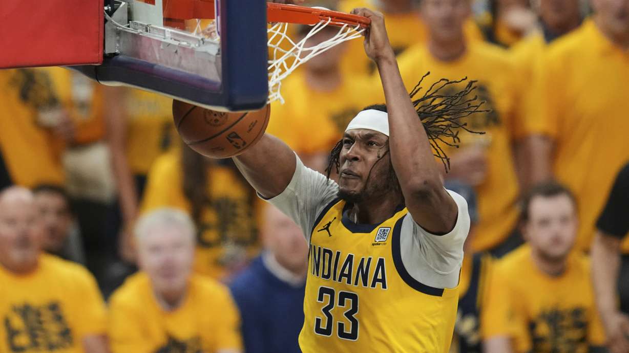 Indiana Pacers center Myles Turner dunks against the Oklahoma City Thunder during the second half of Game 6 of the NBA Finals basketball series, Thursday, June 19, 2025, in Indianapolis.