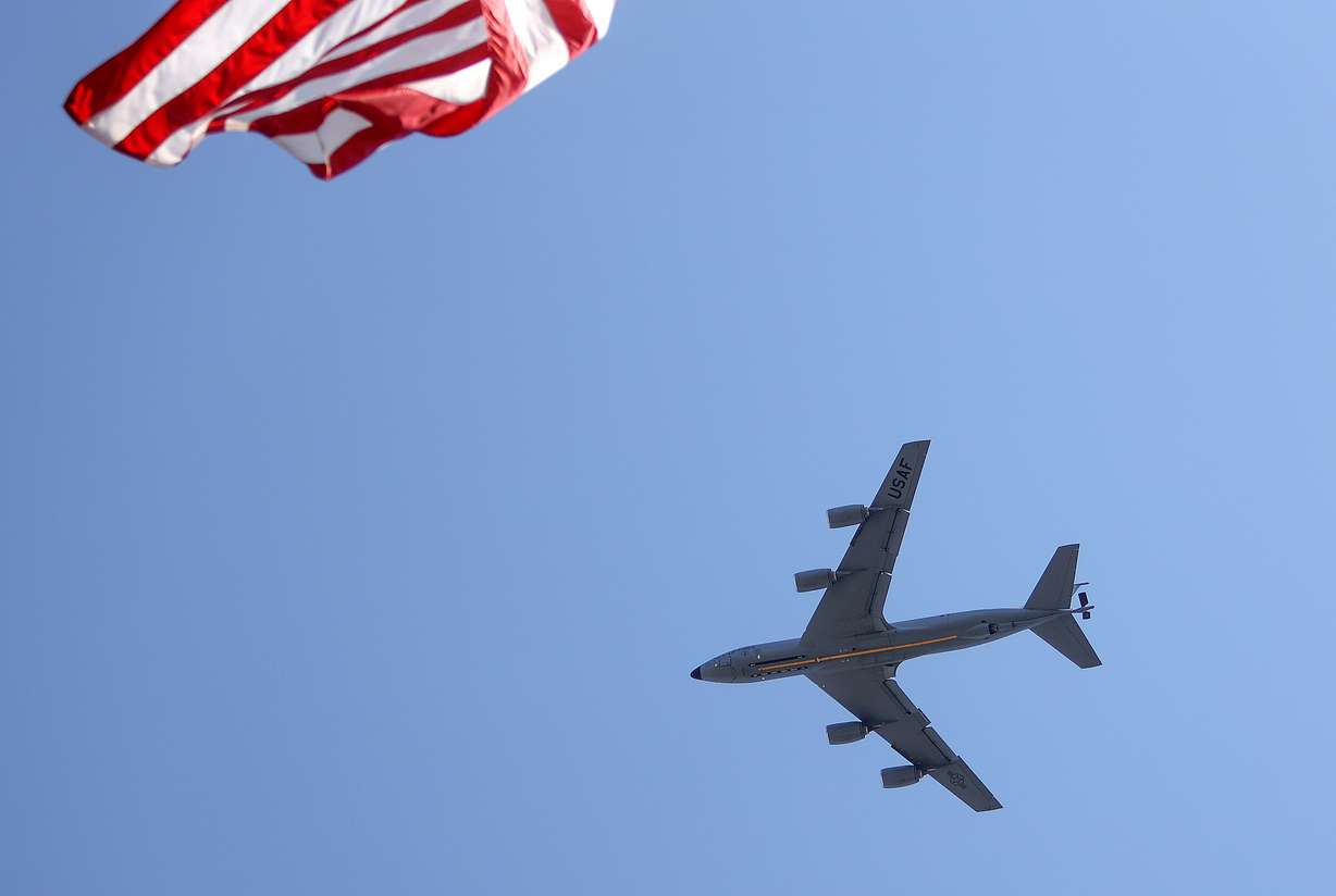 A U.S. Air Force plane flies over the America250 Utah kickoff, starting the celebration of the 250th anniversary of the founding of the United States, outside the state Capitol in Salt Lake City on Tuesday.