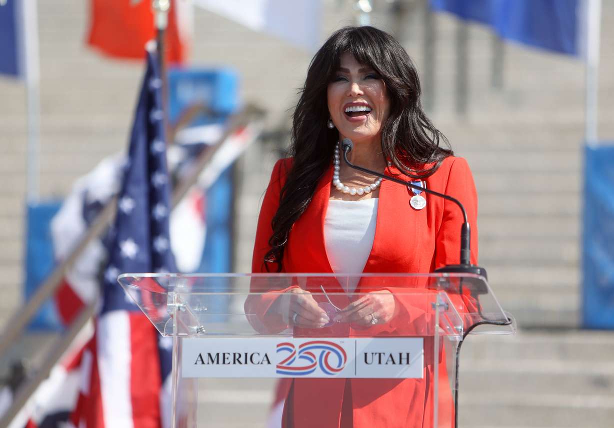 Marie Osmond speaks at America250 Utah kickoff, starting the celebration of the 250th anniversary of the founding of the United States, outside the state Capitol in Salt Lake City on Tuesday.