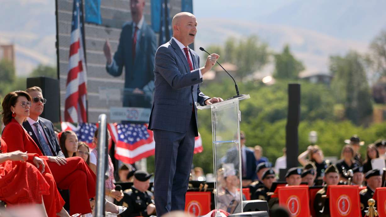 Gov. Spencer Cox speaks at America250 Utah kickoff, starting the celebration of the 250th anniversary of the founding of the United States, outside the state Capitol in Salt Lake City on Tuesday.