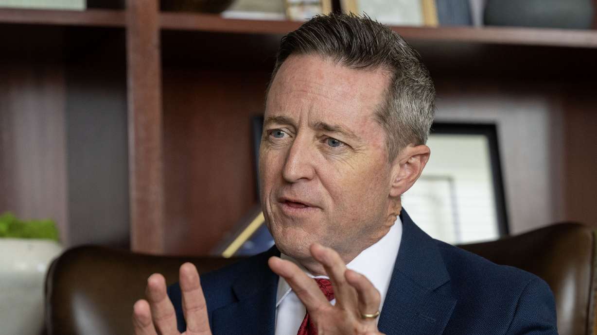 Utah Attorney General Derek Brown talks about Utah’s lawsuit against Snapchat for unleashing experimental AI technology on young users while misrepresenting the safety of the platform at the Capitol in Salt Lake City on Monday.