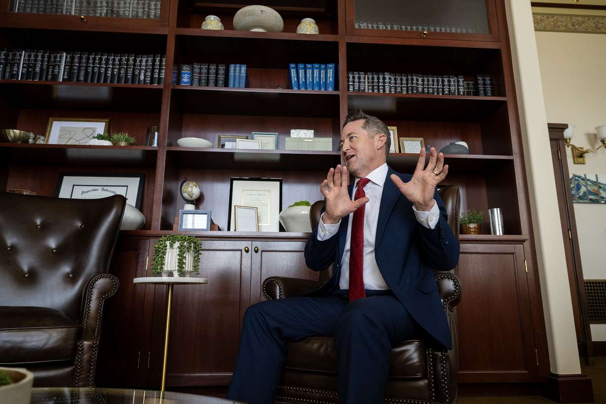 Utah Attorney General Derek Brown talks about Utah’s lawsuit against Snapchat for unleashing experimental AI technology on young users while misrepresenting the safety of the platform at the Capitol in Salt Lake City on Monday.