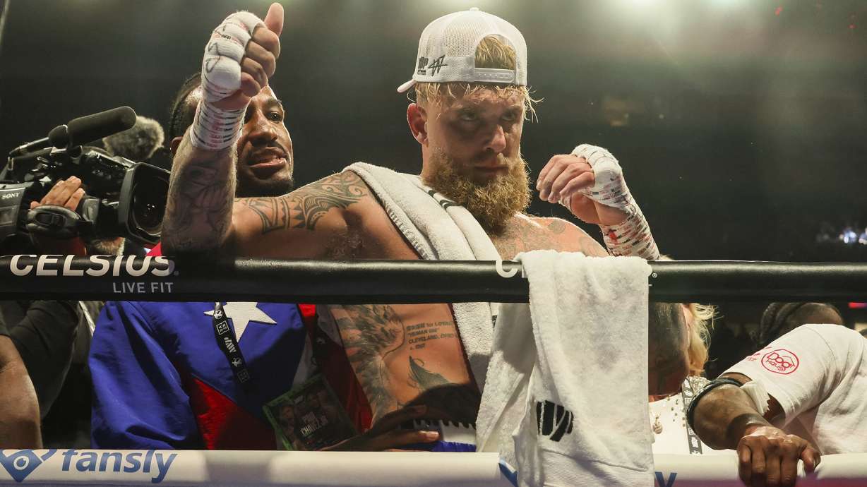 Jake Paul celebrates after his cruiserweight boxing match against Julio Cesar Chavez Jr. on Saturday, June 28, 2025, in Anaheim, Calif.