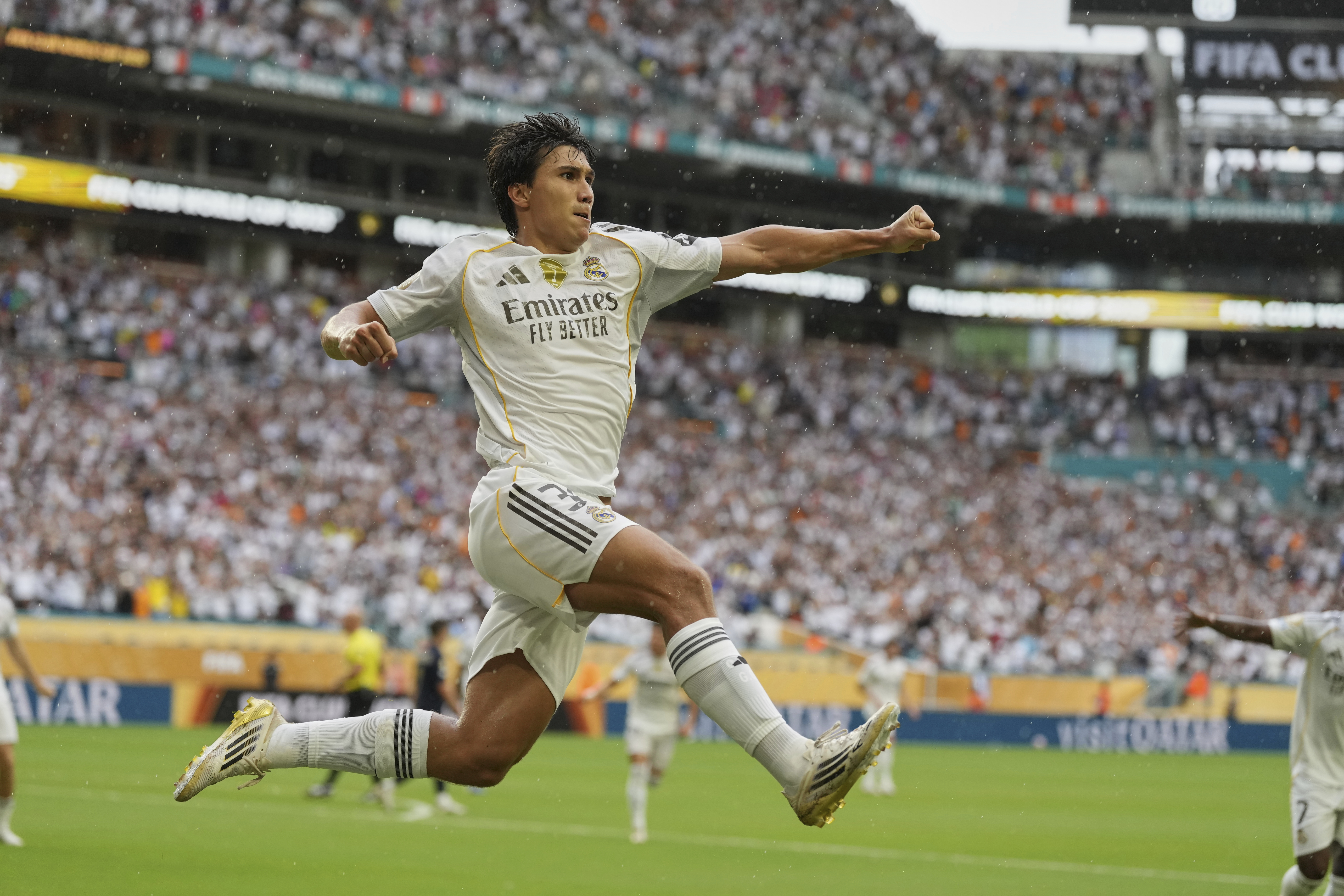 Real Madrid's Gonzalo Garcia celebrates after scoring during the Club World Cup round of 16 soccer match between Real Madrid and Juventus in Miami Gardens, Fla., Tuesday, July 1, 2025. 
