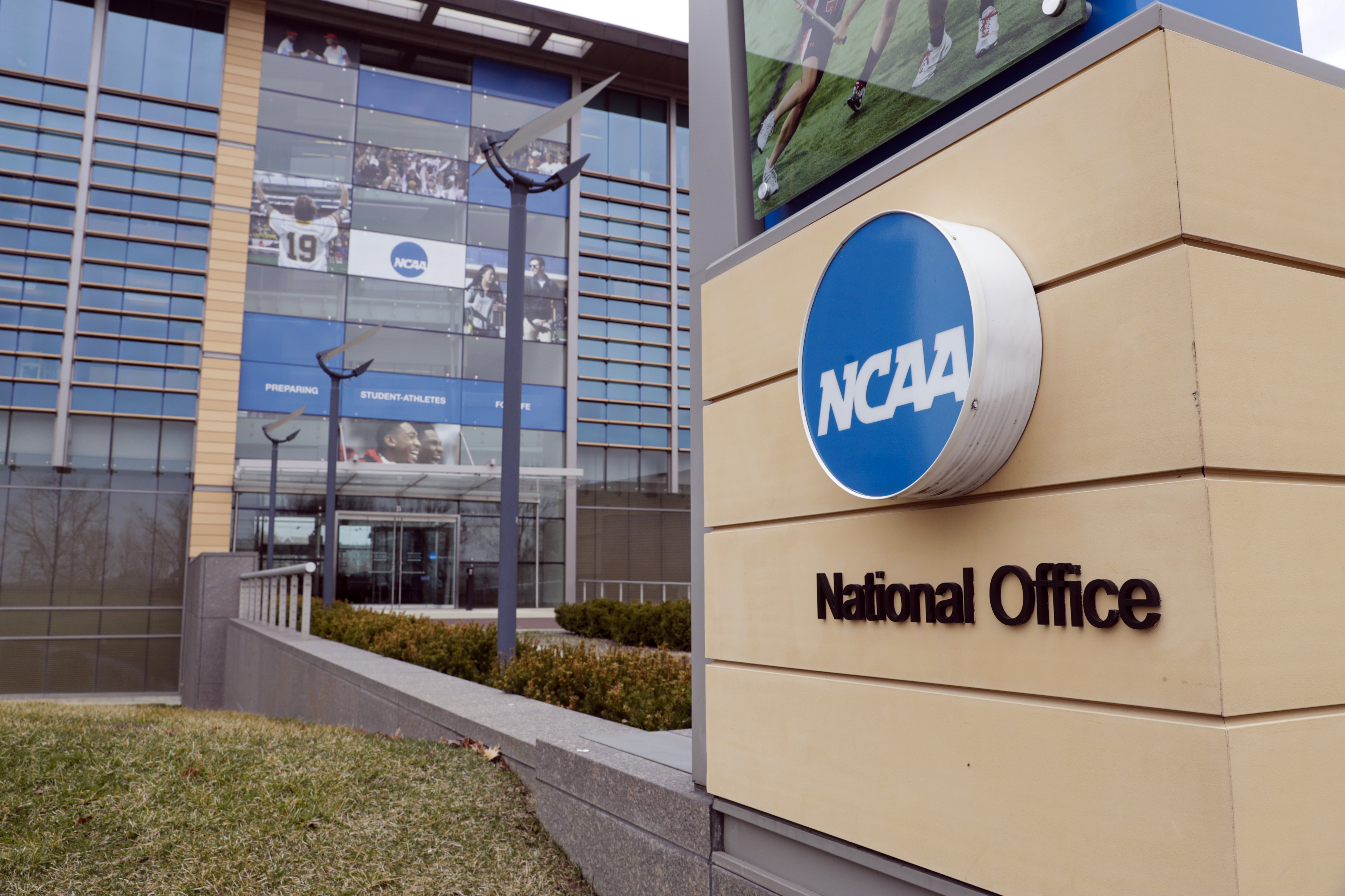 FILE - The national office of the NCAA in Indianapolis is shown on March 12, 2020.