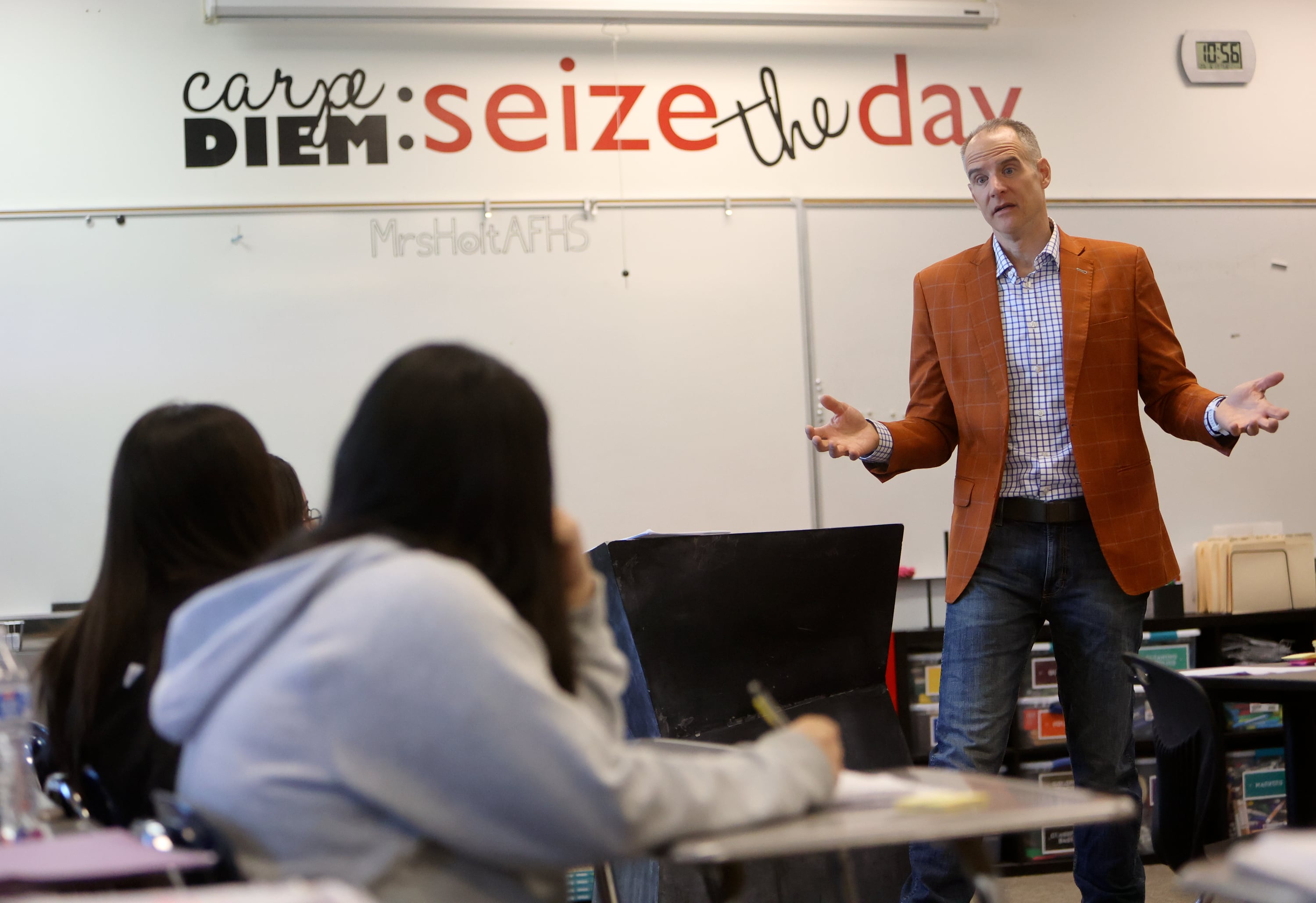 Corey Norman, chief of staff for Sen. John Curtis, R-Utah, talks with summer school students at American Fork High School on June 17. Norman wanted to be a football coach in Texas, but saw the reward of being in public service.