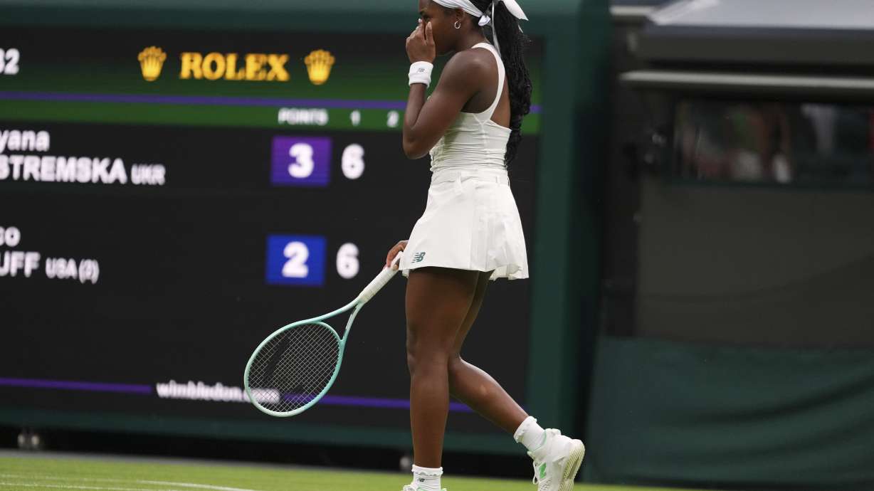 Coco Gauff of the U.S. reacts during her first round women's single match against Dayana Yastremska of Ukraine at the Wimbledon Tennis Championships in London, Tuesday, July 1, 2025.