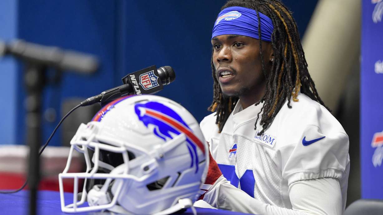 Buffalo Bills cornerbacks Maxwell Hairston (31) speaks to the media after the NFL football team's rookie minicamp in Orchard Park, N.Y., May 9, 2025.