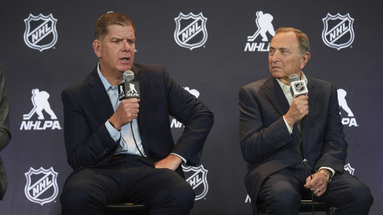 Marty Walsh, left, NHLPA Executive Director, and Gary Bettman, NHL Commissioner, conduct a joint press conference before the NHL hockey draft Friday, June 27, 2025, in Los Angeles.
