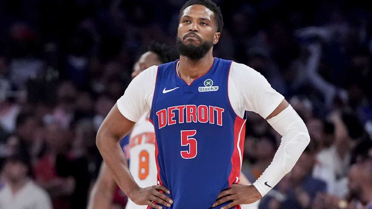 FILE - Detroit Pistons guard Malik Beasley reacts during the second half of Game 1 in an NBA basketball first-round playoff series against the New York Knicks, April 19, 2025, in New York.