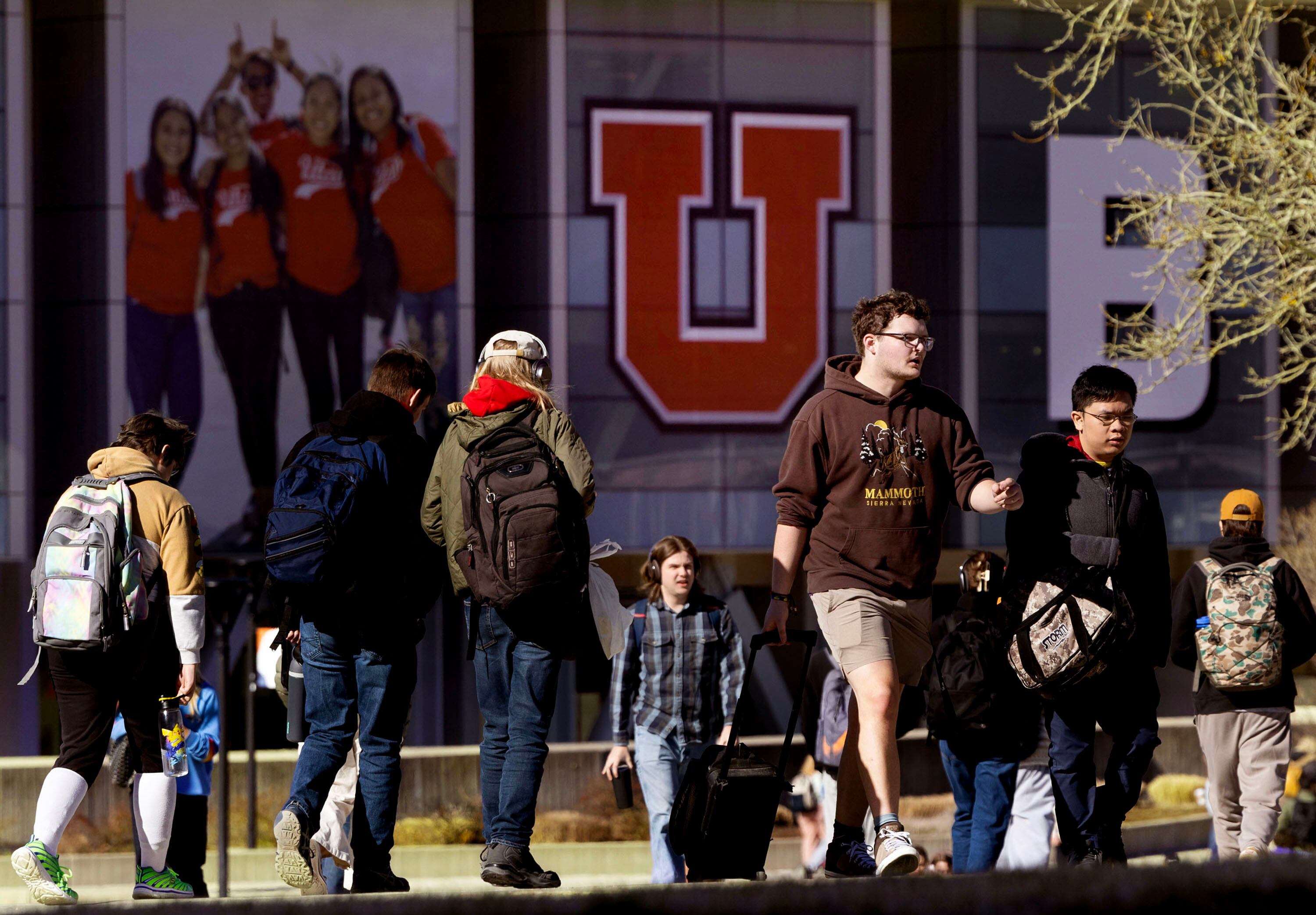 Students walk on the University of Utah campus in Salt Lake City on Thursday, Feb. 27.