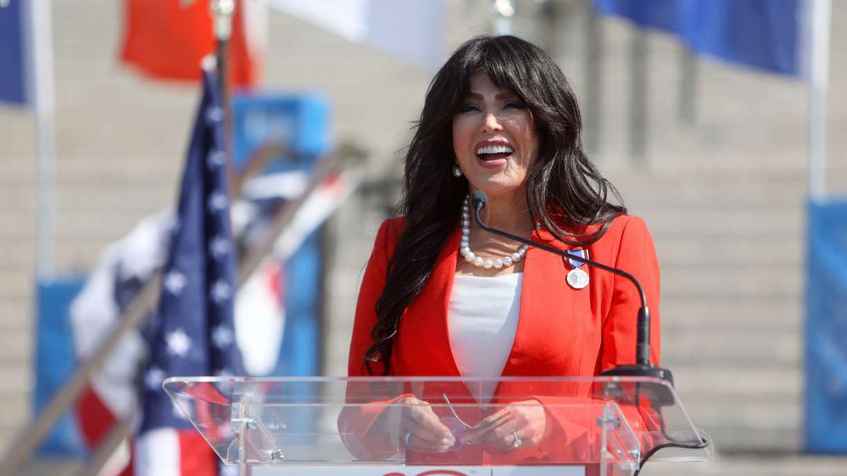 Marie Osmond speaks at the America250 Utah Kickoff, marking the start of the celebration for the 250th anniversary of the founding of the United States, outside the Capitol in Salt Lake City on July 1.