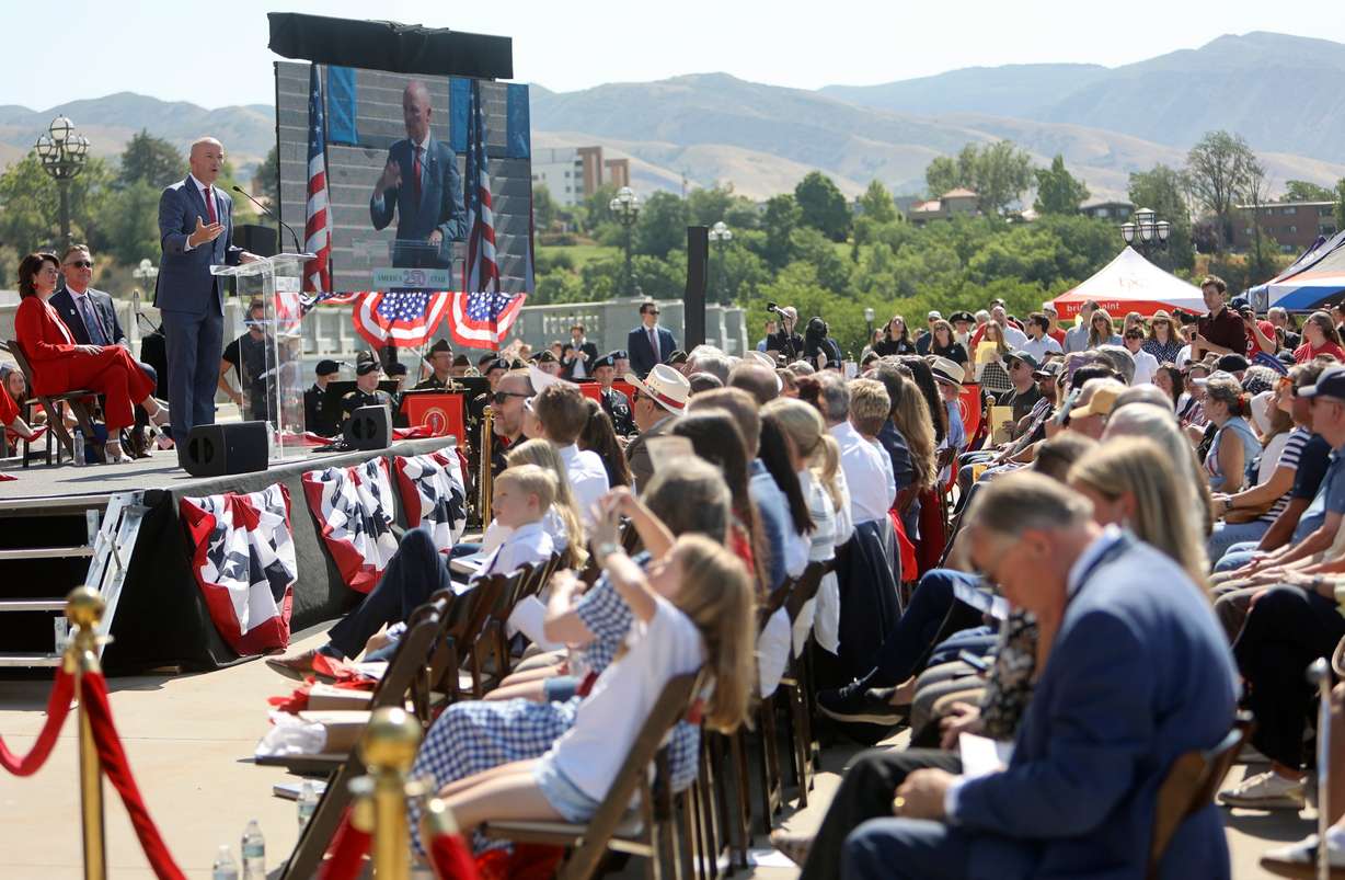 Gov. Spencer Cox speaks at the America250 Utah Kickoff, marking the start of the celebration for the 250th anniversary of the founding of the United States, outside the Capitol in Salt Lake City on July 1.