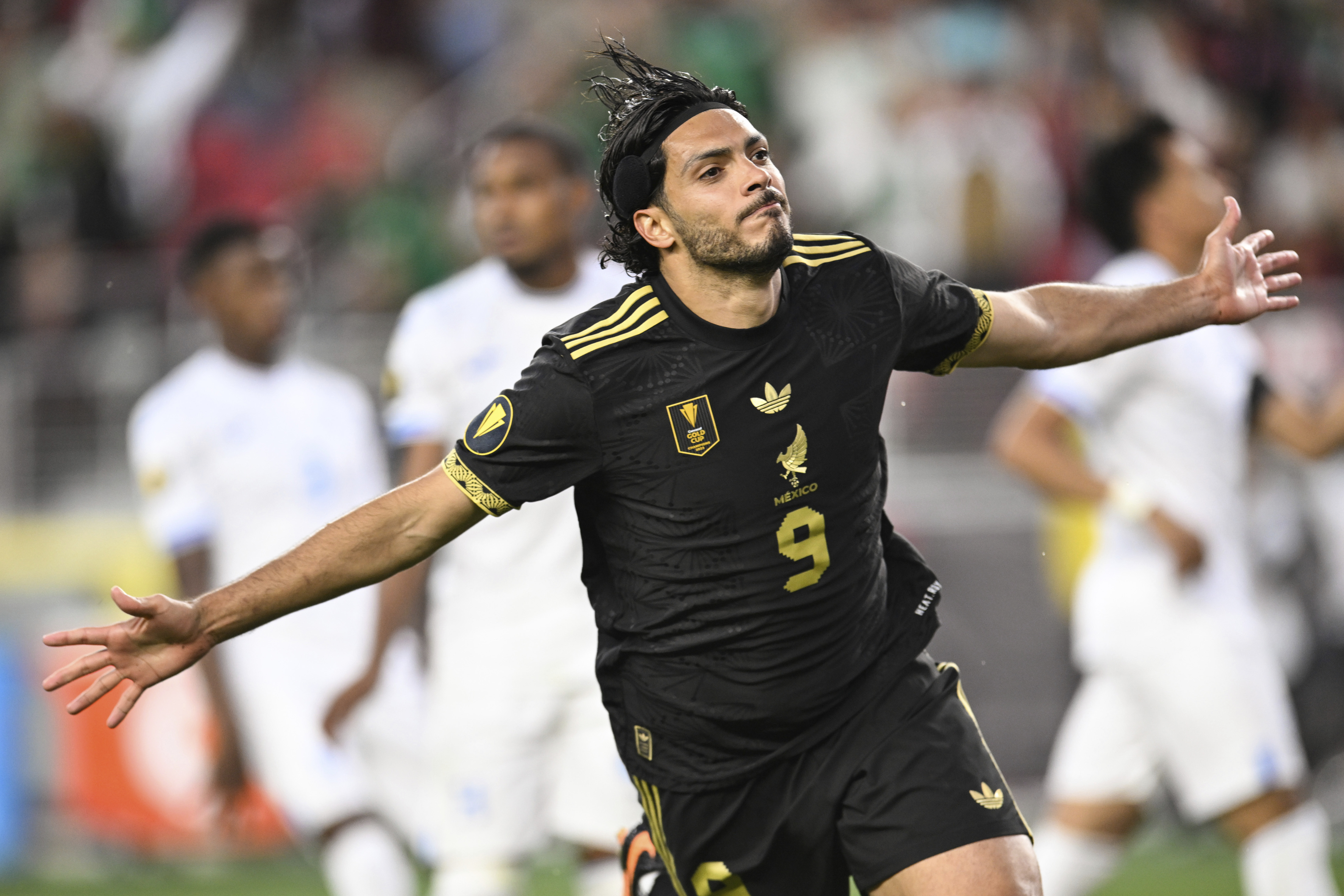 Mexico forward Raúl Jiménez (9) celebrates scoring his team's first goal during the second half of a CONCACAF Gold Cup semifinal soccer match Wednesday, July 2, 2025, in Santa Clara, Calif. 