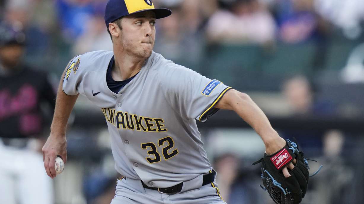 Milwaukee Brewers' Jacob Misiorowski pitches during the first inning in the second baseball game of a doubleheader against the New York Mets Wednesday, July 2, 2025, in New York.
