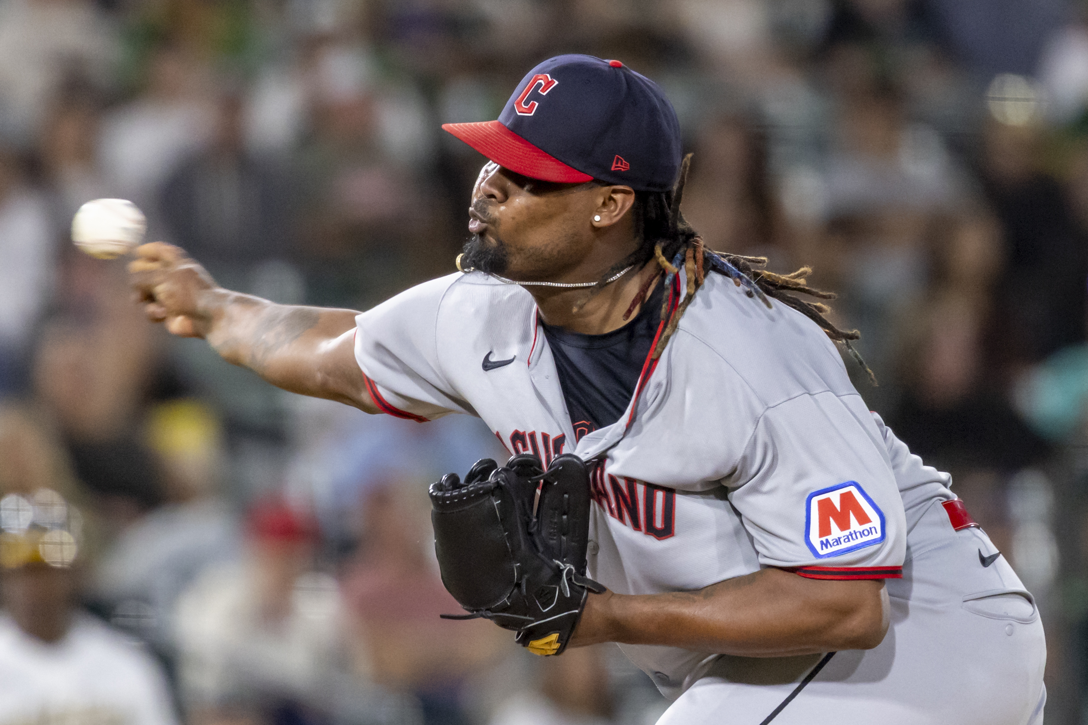 Cleveland Guardians pitcher Luis L. Ortiz throws tot he Athletics during the seventh inning of a baseball game Saturday, June 21, 2025, in West Sacramento, Calif. 