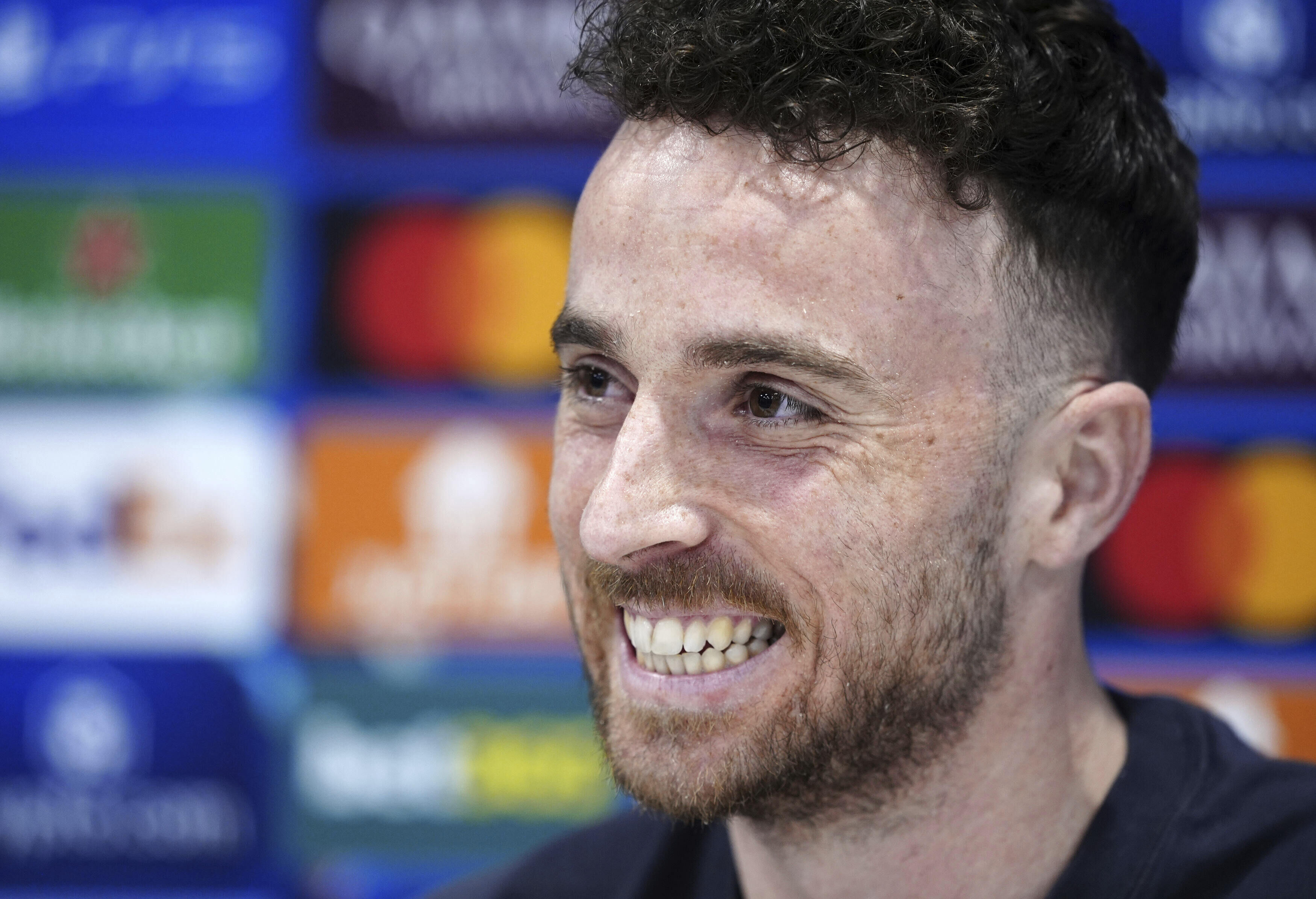 FILE - Liverpool's Diogo Jota attends a press conference at Anfield, Liverpool, England, Monday March 10, 2025, a day ahead of their Champions League round of 16 match against PSG. 