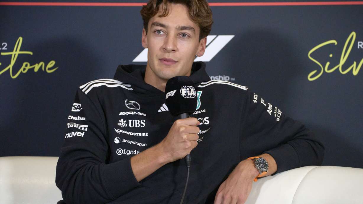 Mercedes driver George Russell of Britain speaks during a news conference at the Silverstone racetrack, ahead of the British Formula One Grand Prix, in Silverstone, England, Thursday, July 3, 2025.