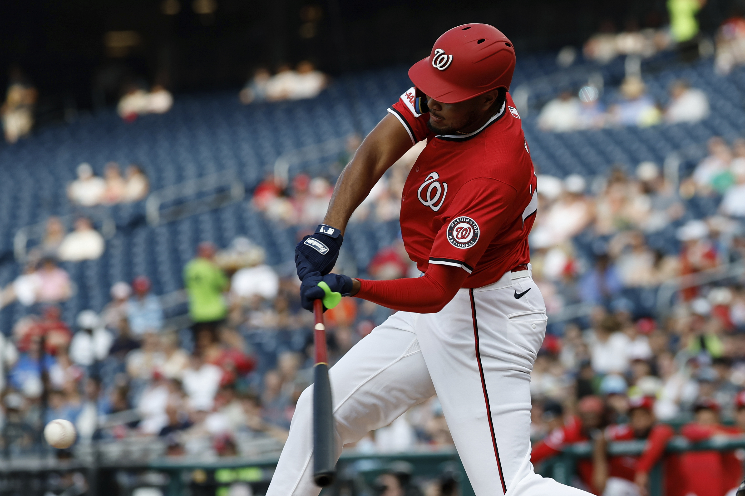 Washington Nationals' James Wood hits a single against Detroit Tigers pitcher Jack Flaherty during the first inning in the second baseball game of a doubleheader in Washington, Wednesday, July 2, 2025. 