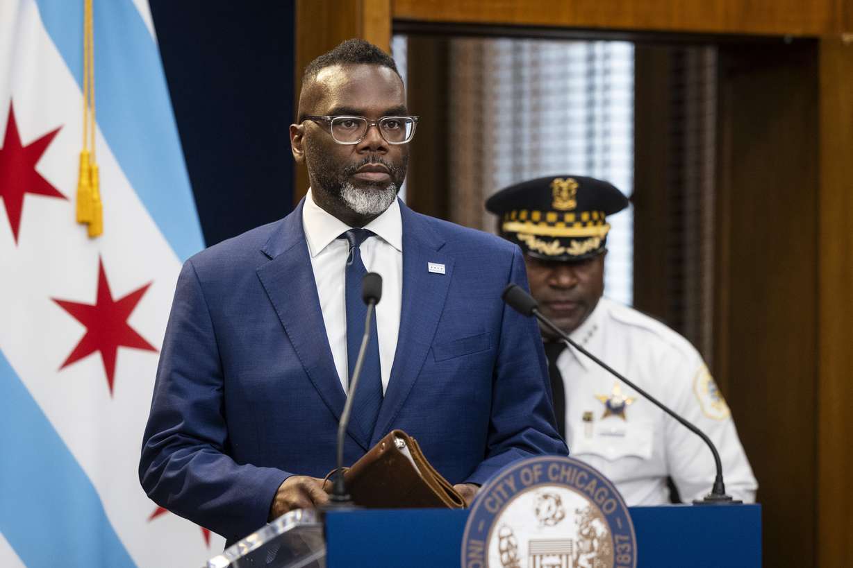 Chicago mayor Brandon Johnson at a news conference at City Hall in the Loop, Thursday. Johnson called Artis Restaurant and Lounge a "safe space" for the LGBTQ+ community in Chicago.