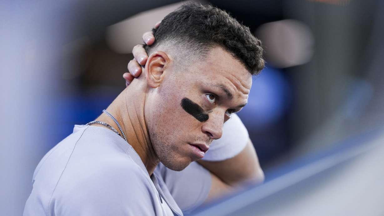 New York Yankees outfielder Aaron Judge looks on from the dugout during fifth-inning baseball game action against the Toronto Blue Jays in Toronto, Thursday, July 3, 2025.
