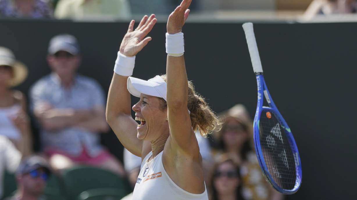 Laura Siegemund of Germany reacts after beating Madison Keys of the U.S. during their women's singles third round match at the Wimbledon Tennis Championships in London, Friday, July 4, 2025.