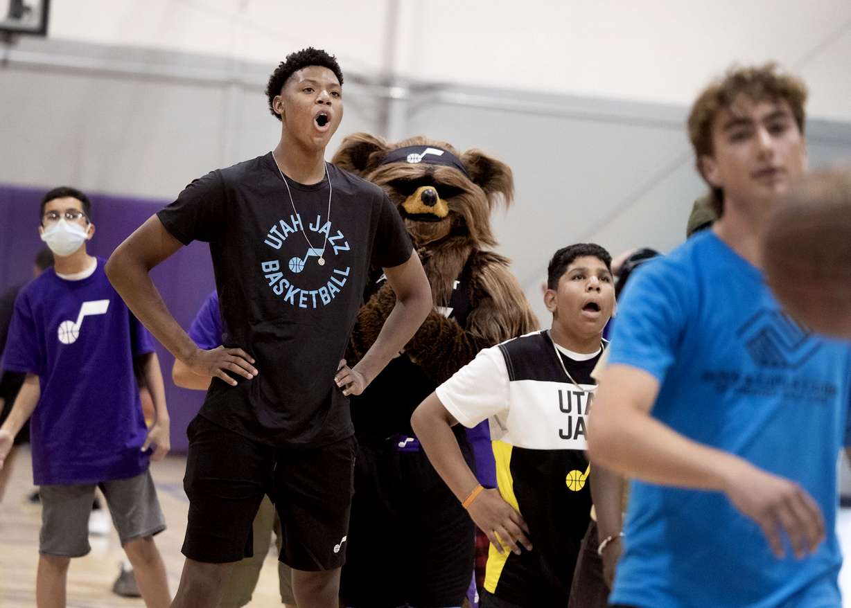 Utah Jazz rookie Ace Bailey reacts to a shot during a basketball clinic at the Boys and Girls Club of Greater Salt Lake in Murray on Tuesday, July 1, 2025.
