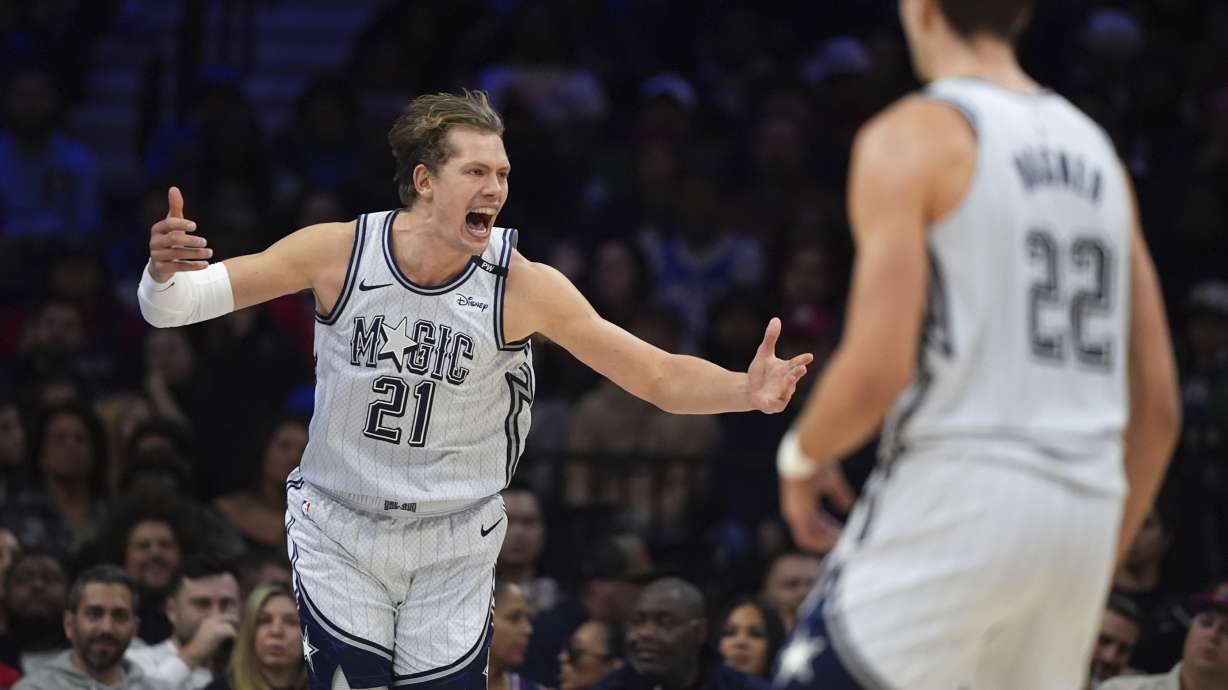 FILE - Orlando Magic's Moritz Wagner reacts during the second half of an NBA basketball game against the Philadelphia 76ers, Friday, Dec. 6, 2024, in Philadelphia.