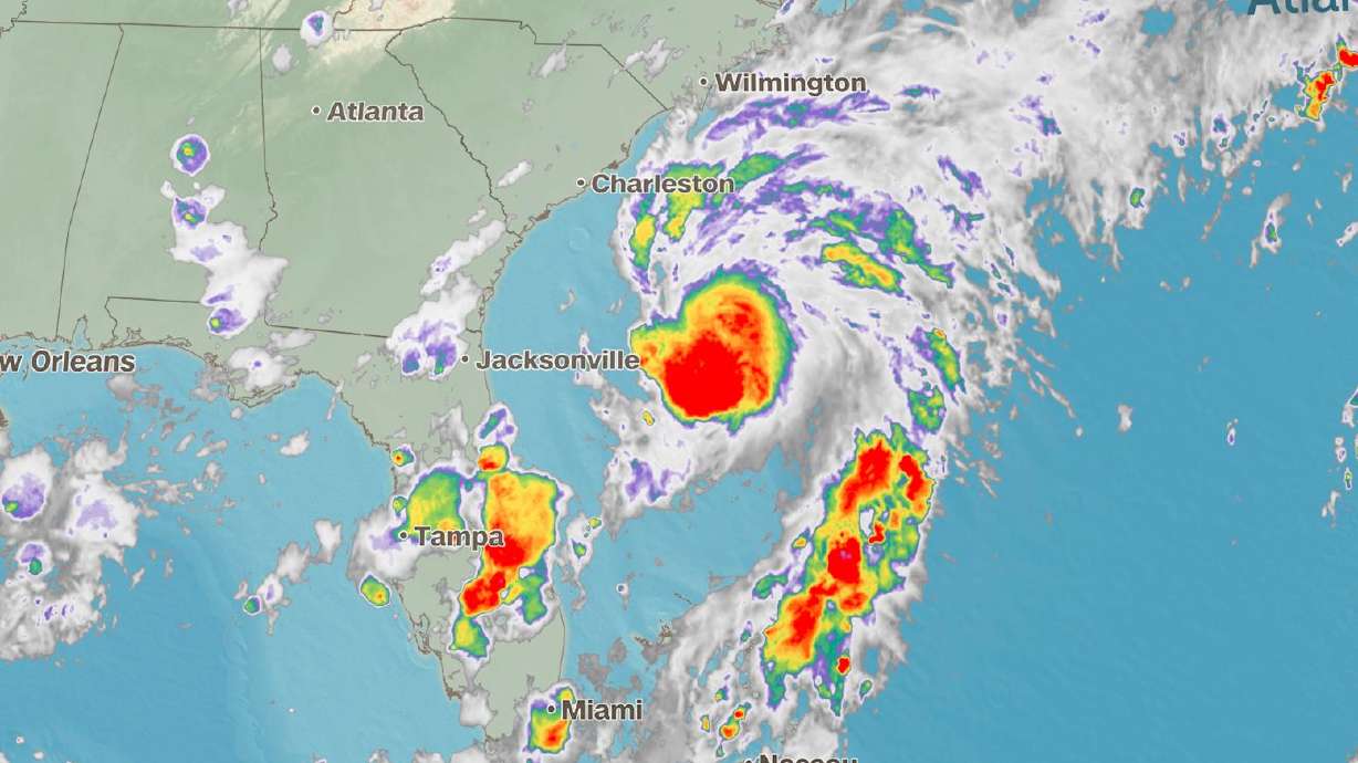 The center of Tropical Storm Chantal south-southeast of Charleston, South Carolina, Saturday. The storm is expected to be the first of the 2025 hurricane season to impact the U.S.