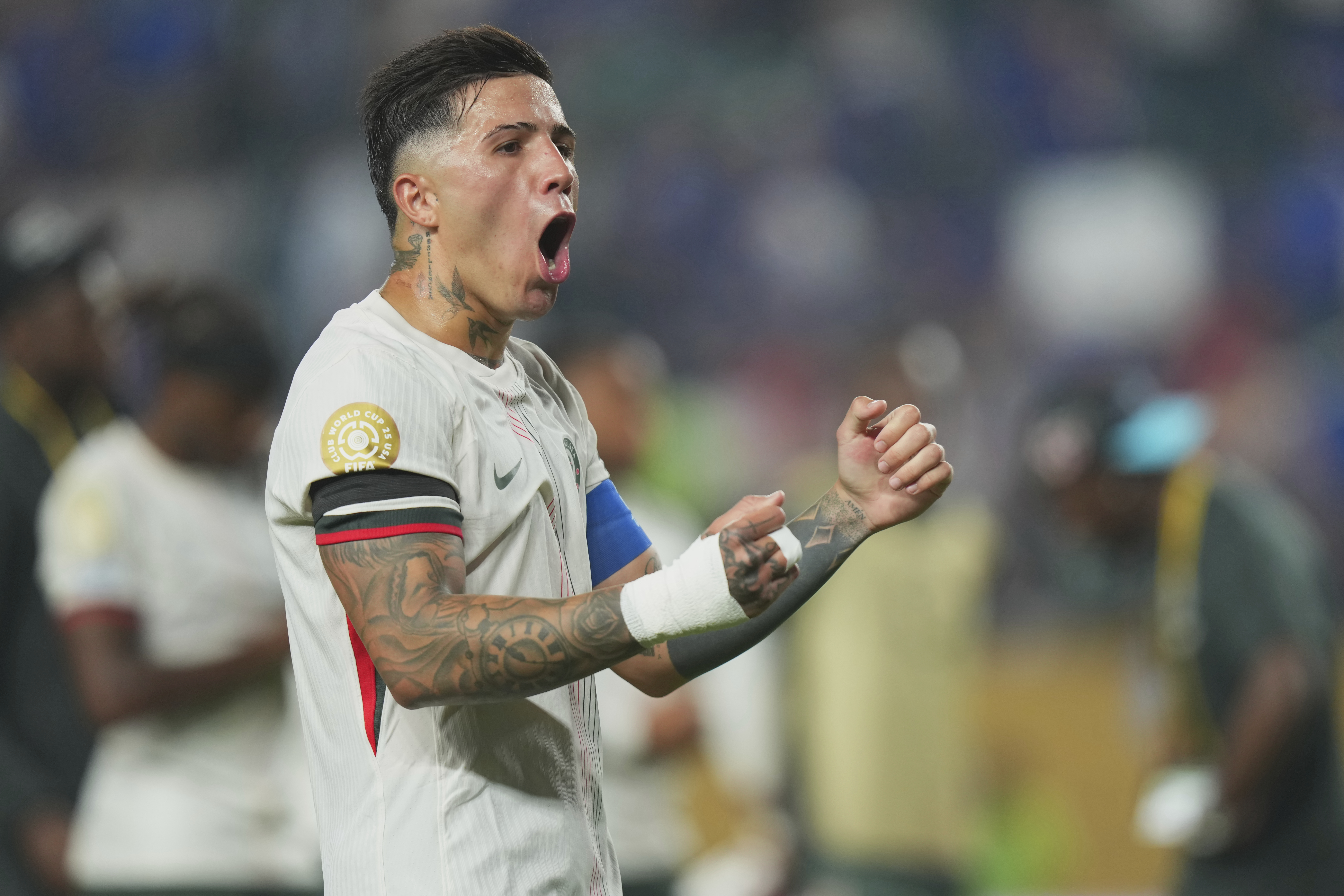Chelsea's Enzo Fernandez reacts at the end of the Club World Cup quarterfinal soccer match between Palmeiras and Chelsea in Philadelphia, Friday, July 4, 2025. 