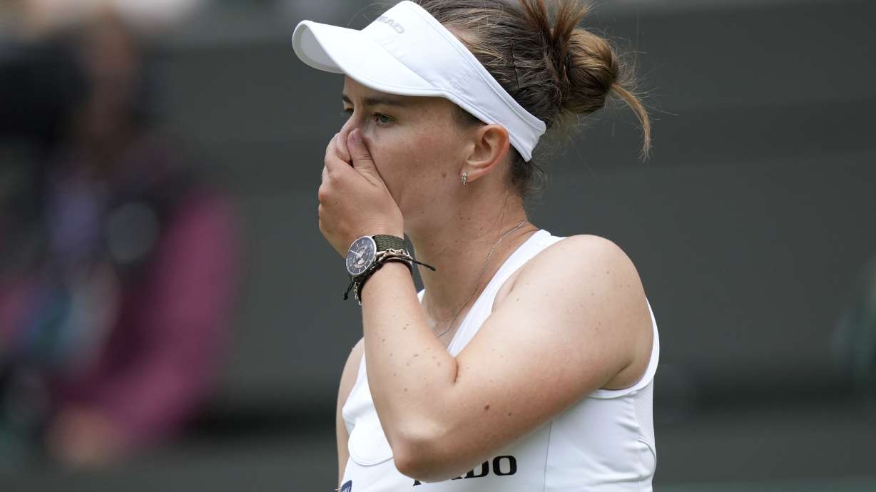 Barbora Krejcikova of Czech Republic reacts during her women's singles third round match against Emma Navarro of the U.S. at the Wimbledon Tennis Championships in London, Saturday, July 5, 2025.