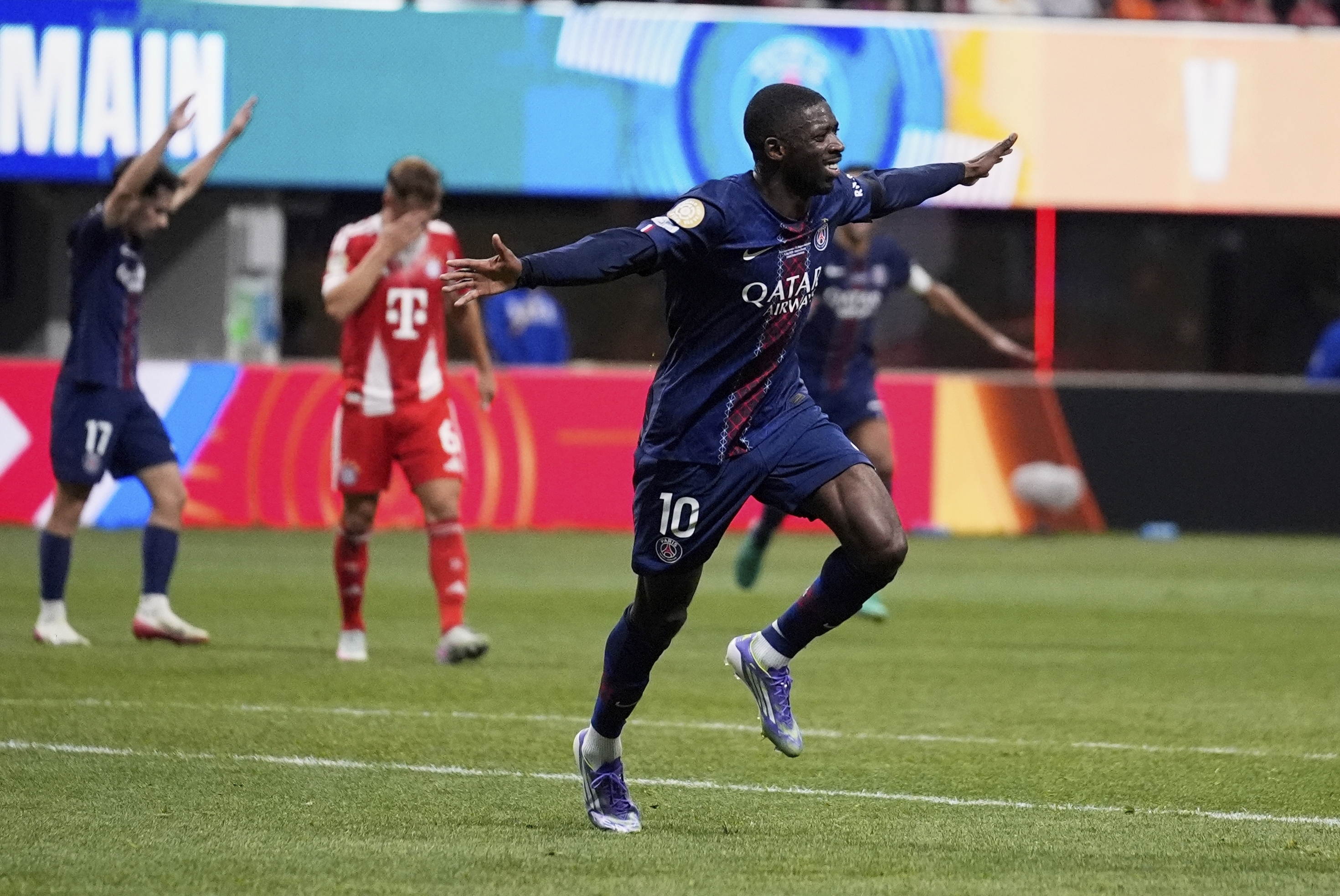 Paris Saint-Germain's Ousmane Dembele celebrates after scoring his team's second goal during the Club World Cup quarterfinal soccer match between PSG and Bayern Munich in Atlanta, Saturday, July 5, 2025.