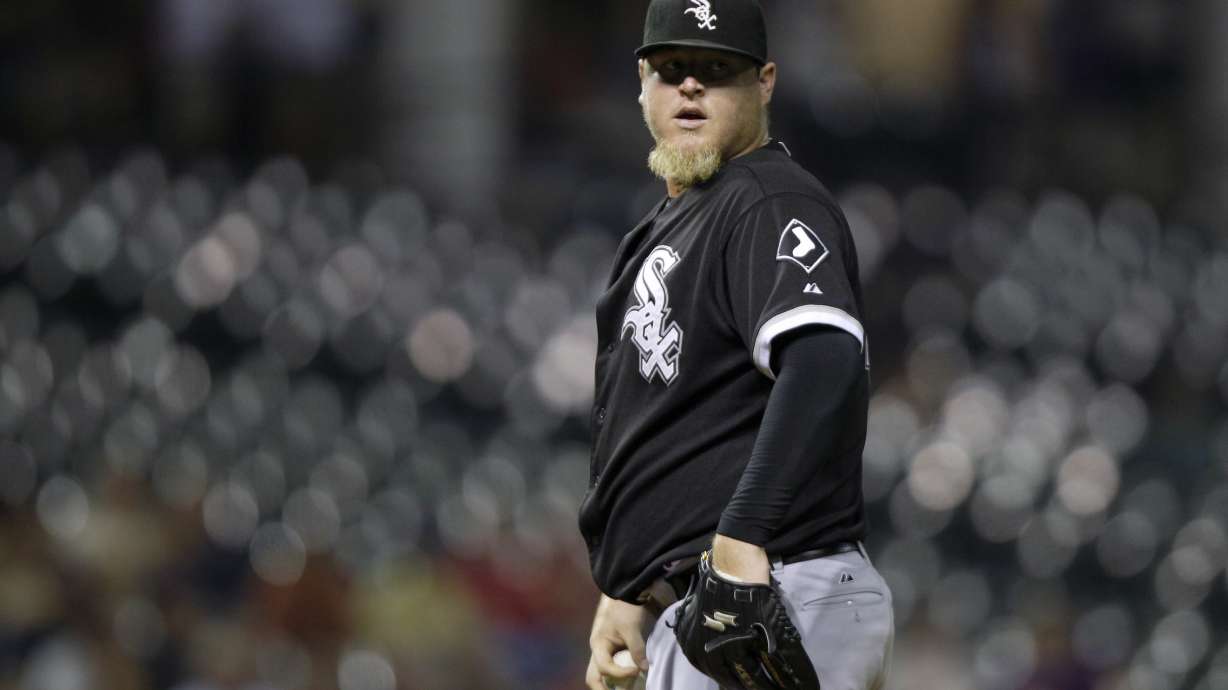 FILE - Chicago White Sox relief pitcher Bobby Jenks looks on during a baseball game against the Cleveland Indians, Aug. 30, 2010, in Cleveland.