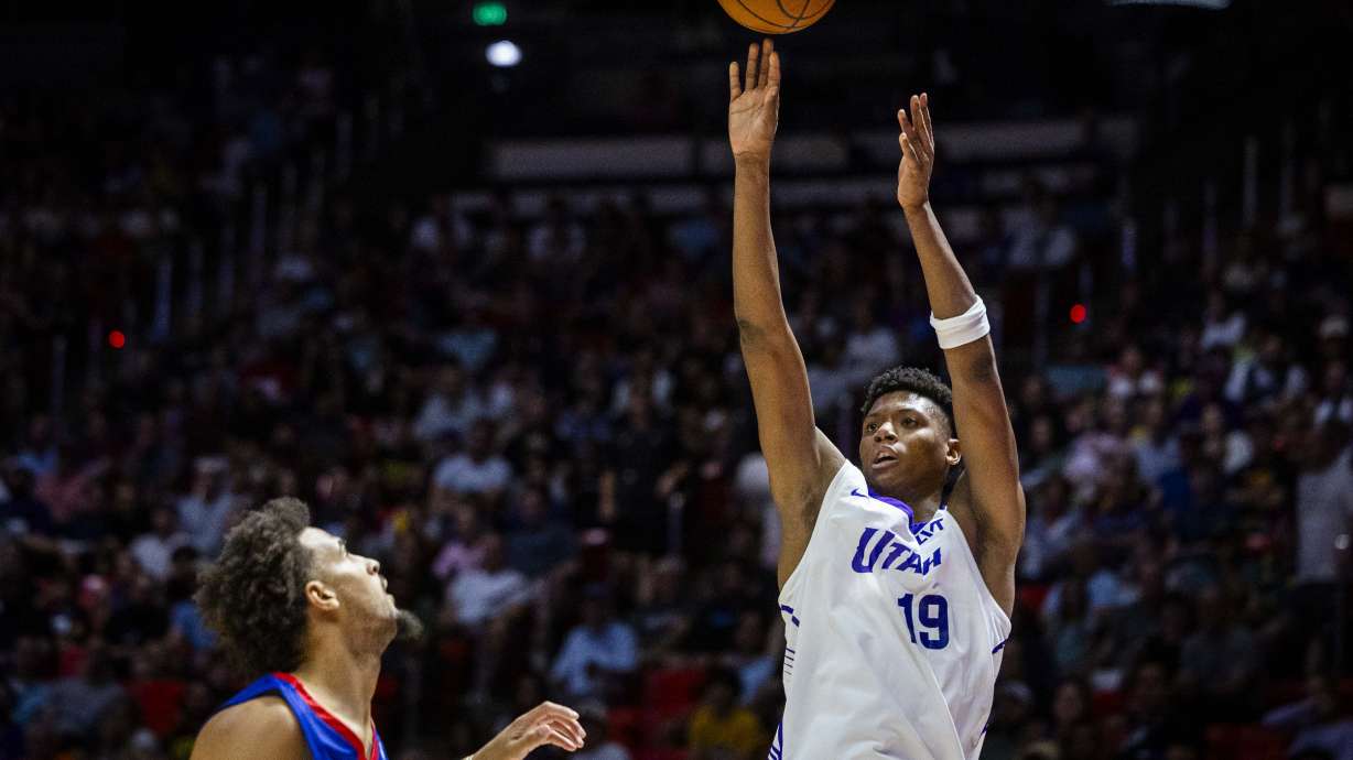 Utah Jazz forward Ace Bailey (19) puts up a 3-pointer shot during a NBA Salt Lake City Summer League game between the Utah Jazz and the Philadelphia 76ers at the Jon M. Huntsman Center on the campus of the University of Utah in Salt Lake City on Saturday, July 5, 2025.