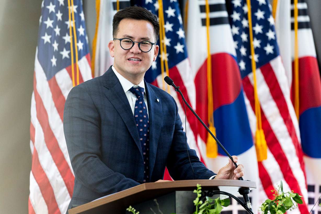 Matt Holton, of the Cottonwood Heights City Council, speaks during a sister city welcome and celebration dinner for the bond between Cottonwood Heights, Utah, and Incheon, Yeonsu-gu, South Korea, held at the Cottonwood Heights City Hall on Saturday.