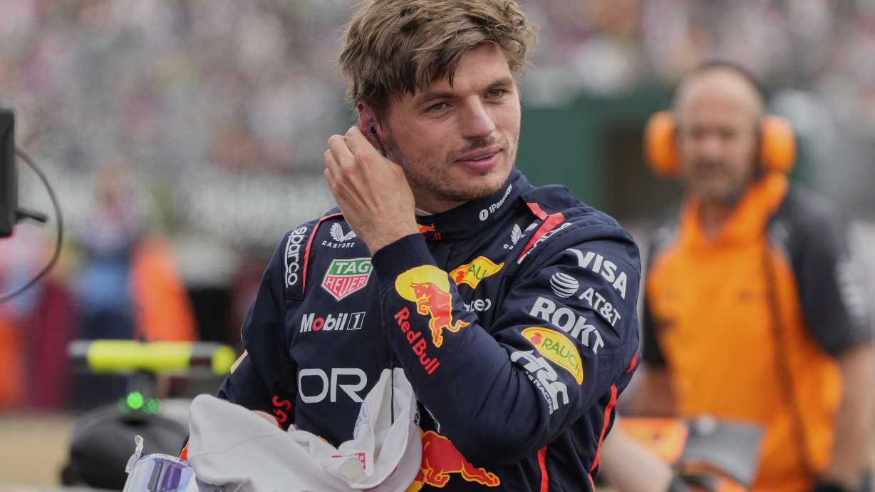 Red Bull driver Max Verstappen of the Netherlands reacts after taking the pole position during the qualifying for the British Formula One Grand Prix in Silverstone, England, Saturday, July 5, 2025.