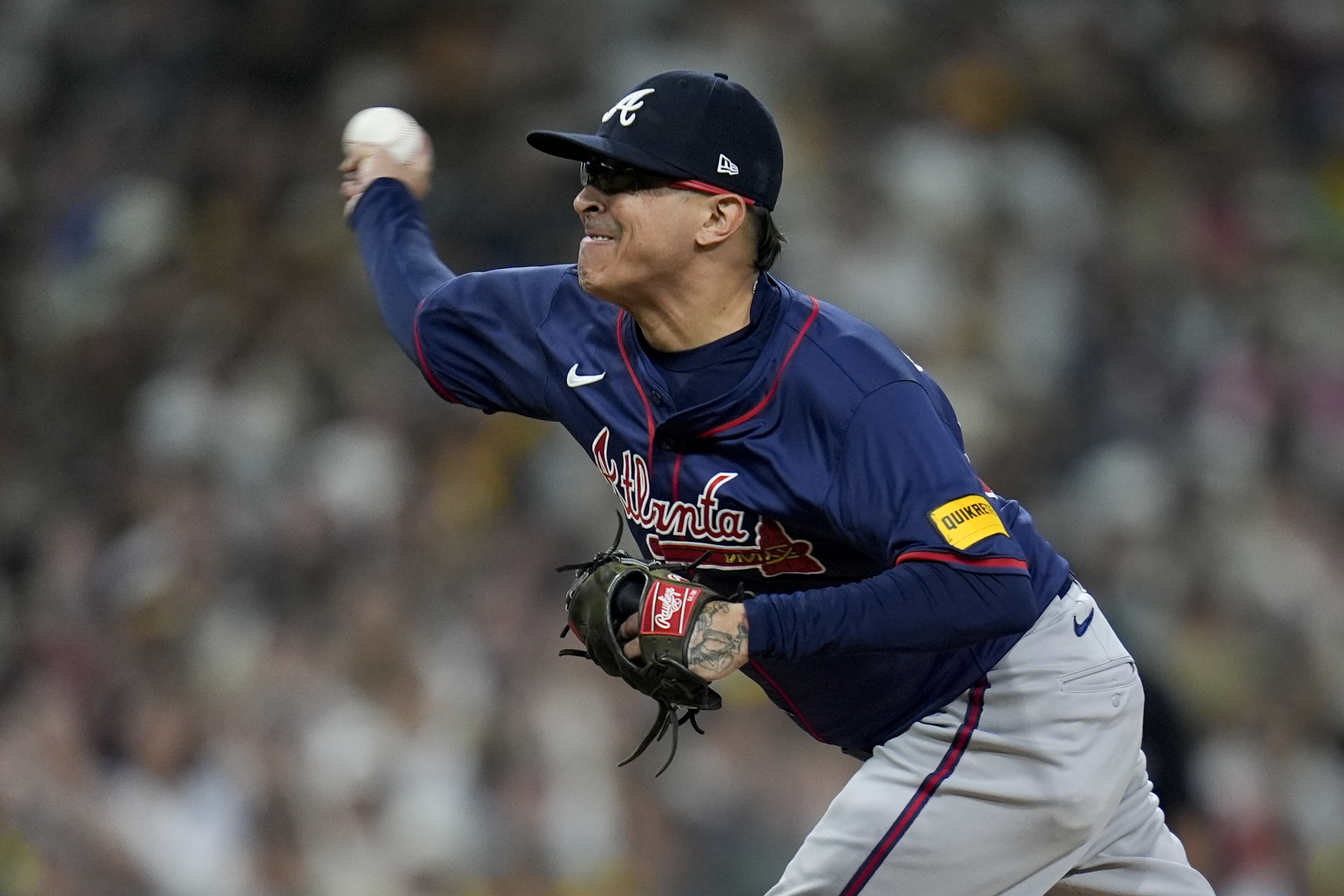 FILE - Atlanta Braves pitcher Jesse Chavez throws to a San Diego Padres batter during the sixth inning in Game 1 of an NL Wild Card Series baseball game on Oct. 1, 2024, in San Diego. 