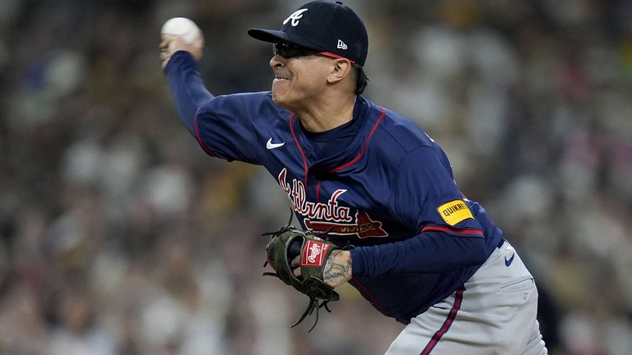 FILE - Atlanta Braves pitcher Jesse Chavez throws to a San Diego Padres batter during the sixth inning in Game 1 of an NL Wild Card Series baseball game on Oct. 1, 2024, in San Diego.
