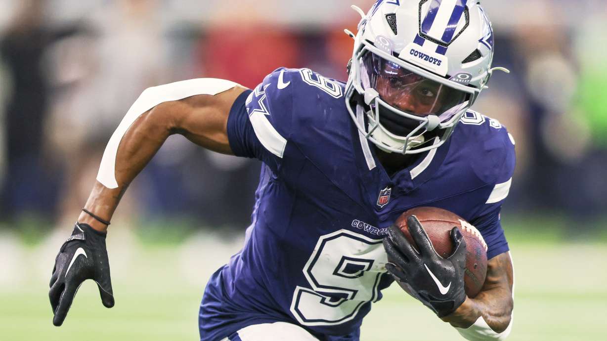 FILE - Dallas Cowboys wide receiver KaVontae Turpin runs after making a catch during the second half of an NFL football game against the Washington Commanders, Jan. 5, 2025, in Arlington, Texas.