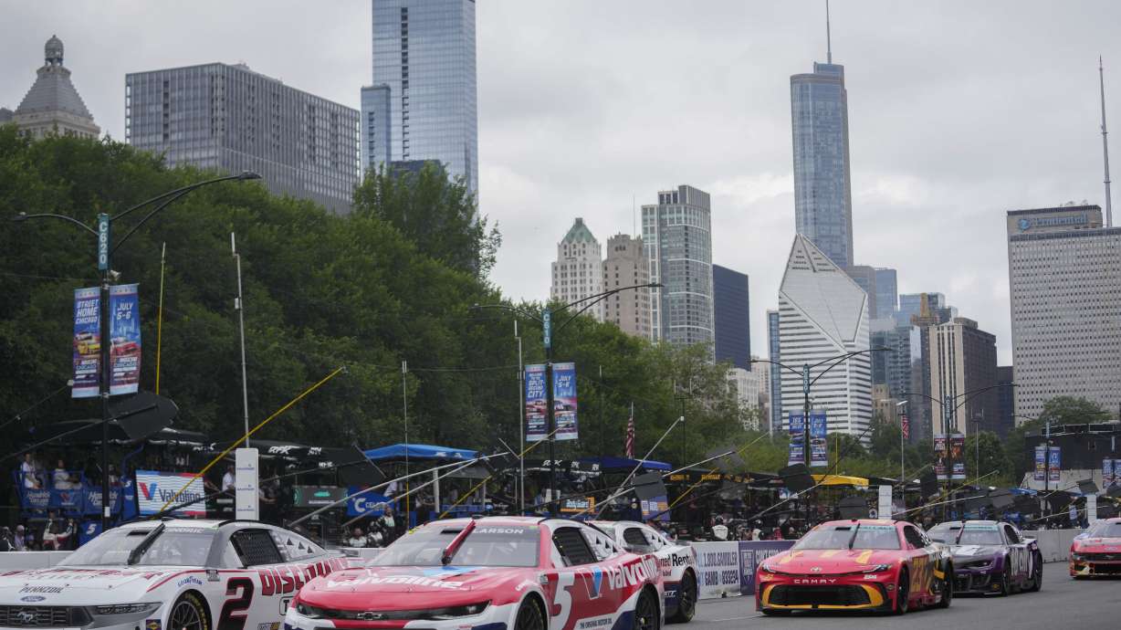 Drivers race in a NASCAR Cup Series auto race at the Grant Park 165 , Sunday, July 6, 2025, in Chicago.