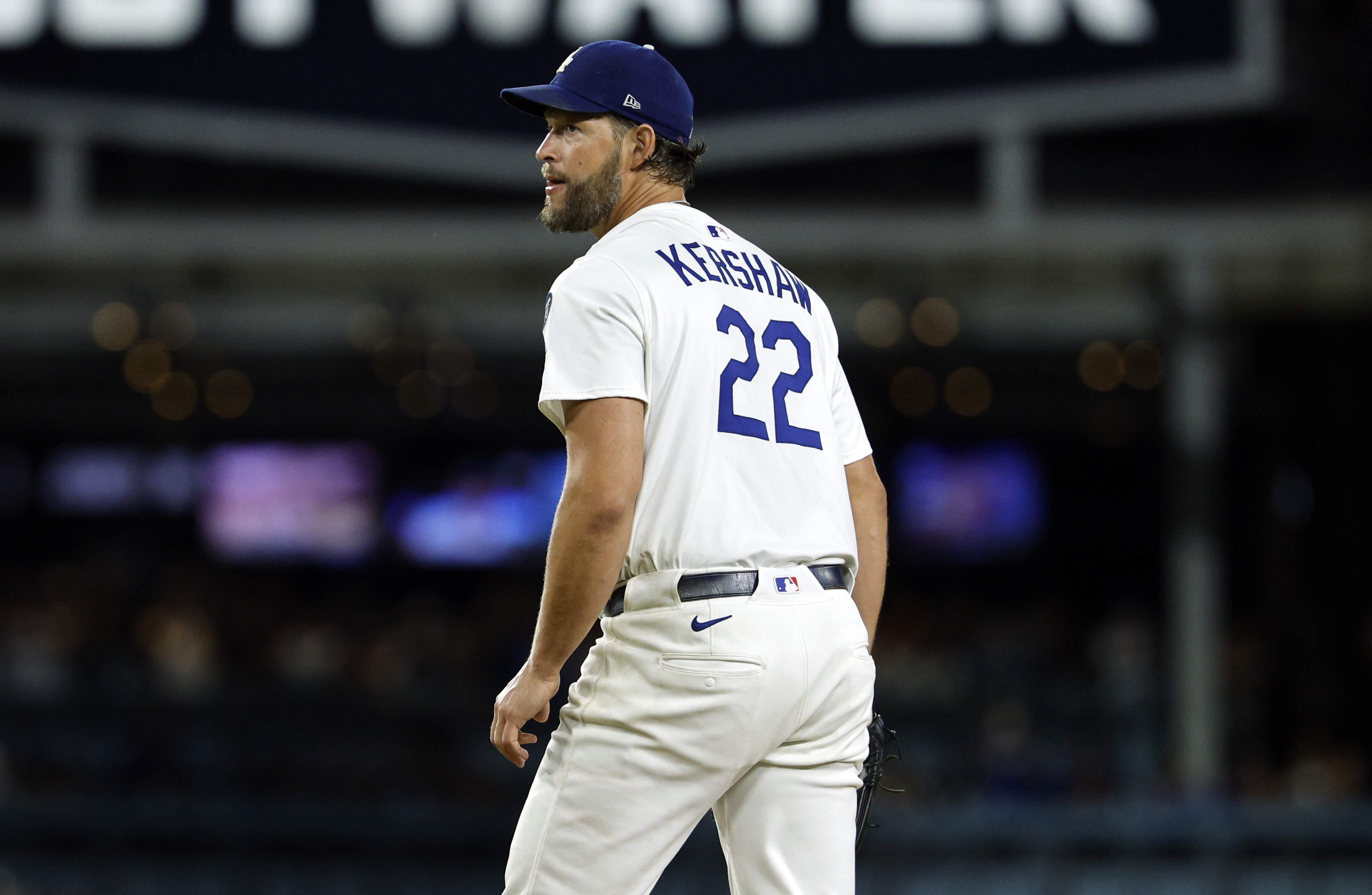 Los Angeles Dodgers pitcher Clayton Kershaw reacts after striking out Chicago White Sox's Vinny Capra during the sixth inning for his 3,000th career strikeout Wednesday, July 2, 2025, in Los Angeles.