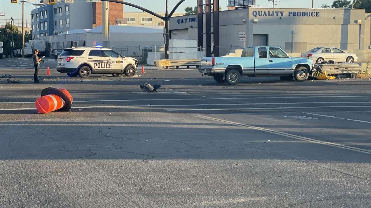 The aftermath of a vehicle accident involving a Salt Lake police officer Sunday night in Salt Lake City. Police officers were involved in two separate car crashes over the weekend in Salt Lake City.